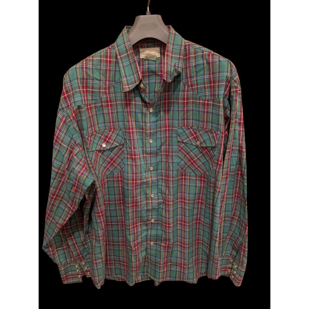 Open Trail Mens Western  Green Plaid Vintage Pearl Snaps  XXL‎